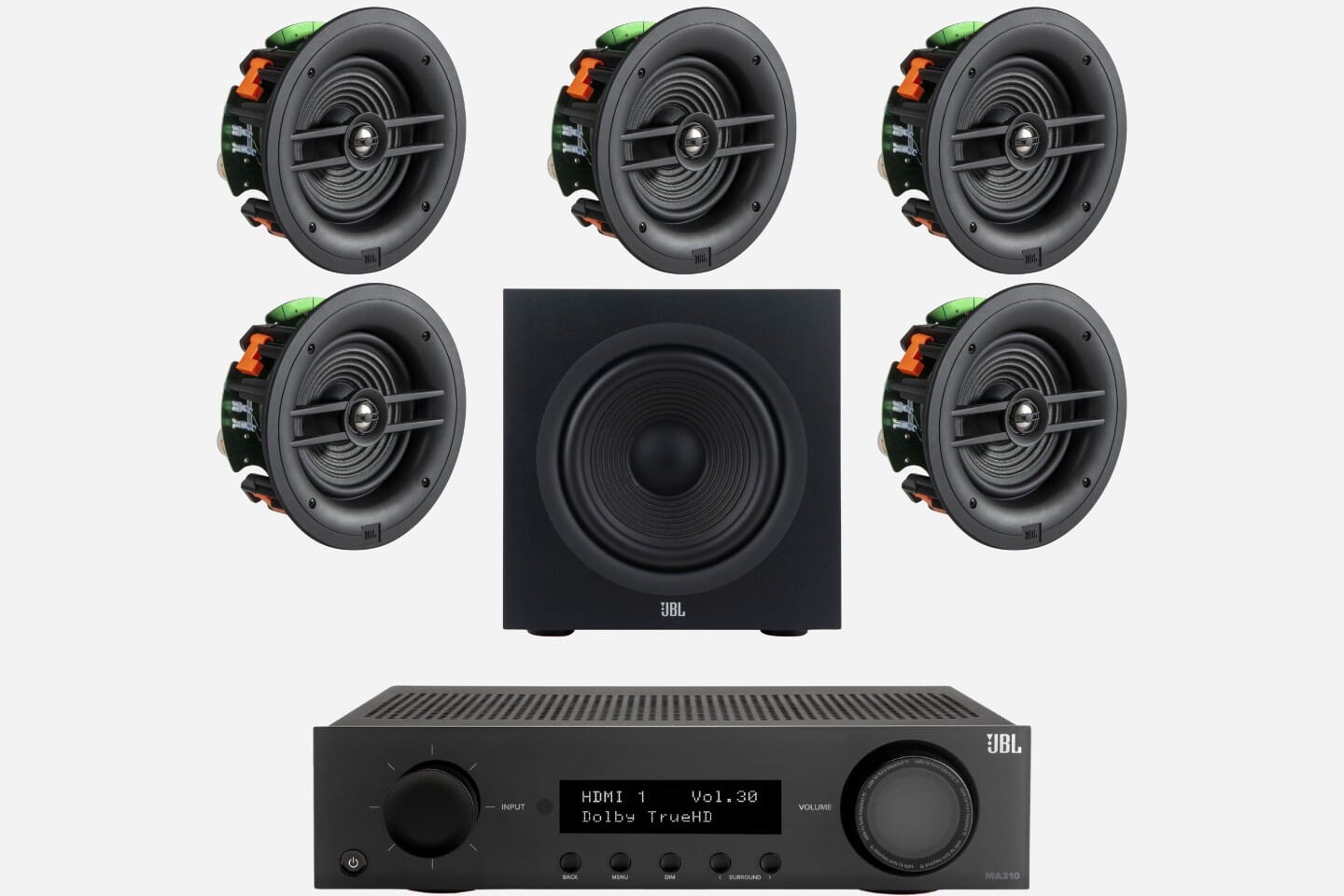 JBL MA310 + Stage 260C 5.1 6.5" In-Ceiling Surround Sound System with 10" Subwoofer