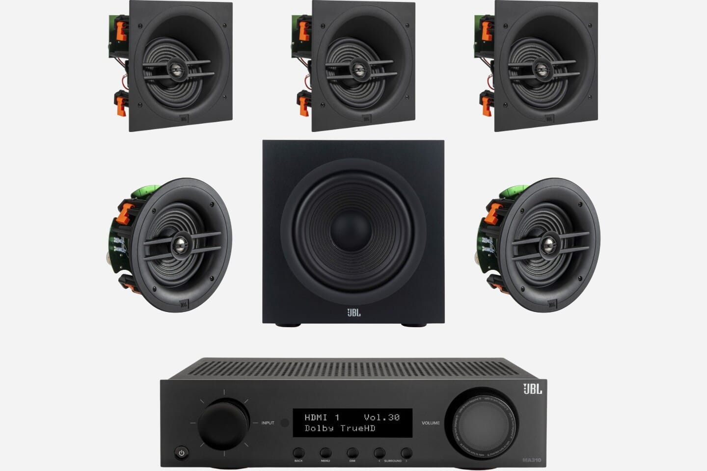 JBL MA310 + Stage 260C 5.1 6.5" Angled In-Ceiling Surround Sound System with 10" Subwoofer