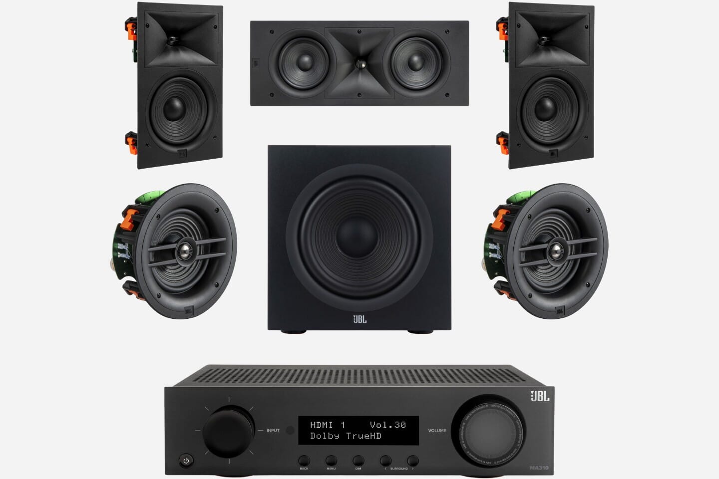  JBL MA310 + Stage 260W 5.1 6.5" In-Ceiling/Wall Surround Sound System with 10" Subwoofer