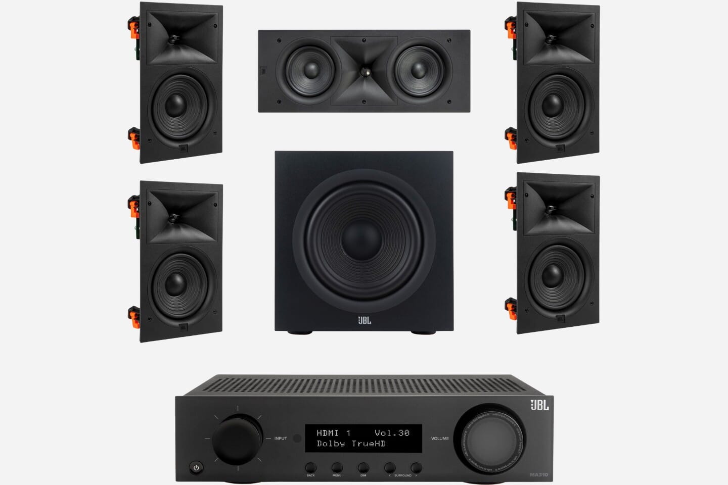 JBL MA310 + Stage 260W 5.1 6.5" In-Wall Surround Sound System with 10" Subwoofer