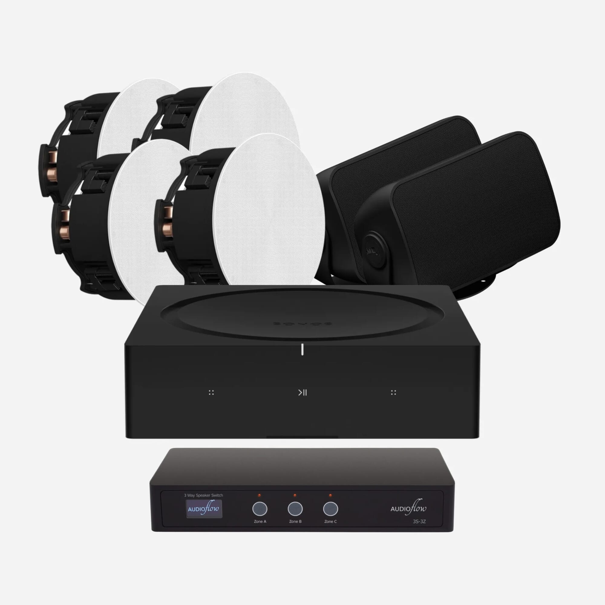 Sonos Amp + 4 x Sonos Indoor Ceiling Speakers (2 Pairs) + 2 x Sonos Outdoor Speaker Bundle (Black)