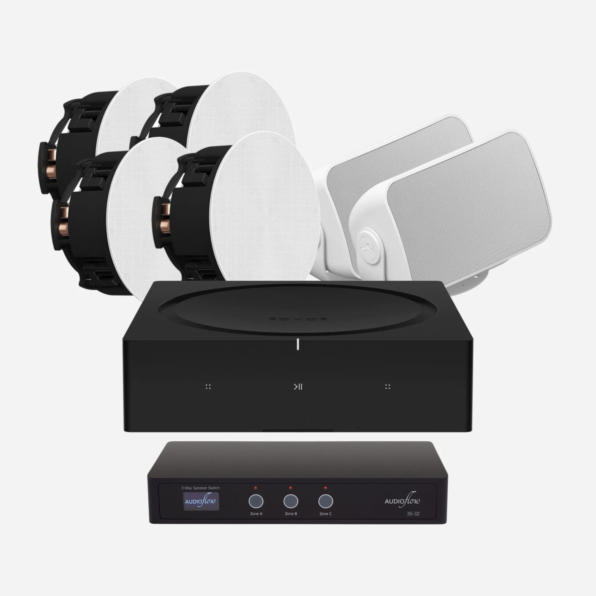 Sonos Amp + 4 x Sonos Indoor Ceiling Speakers (2 Pairs) + 2 x Sonos Outdoor Speaker Bundle (White)