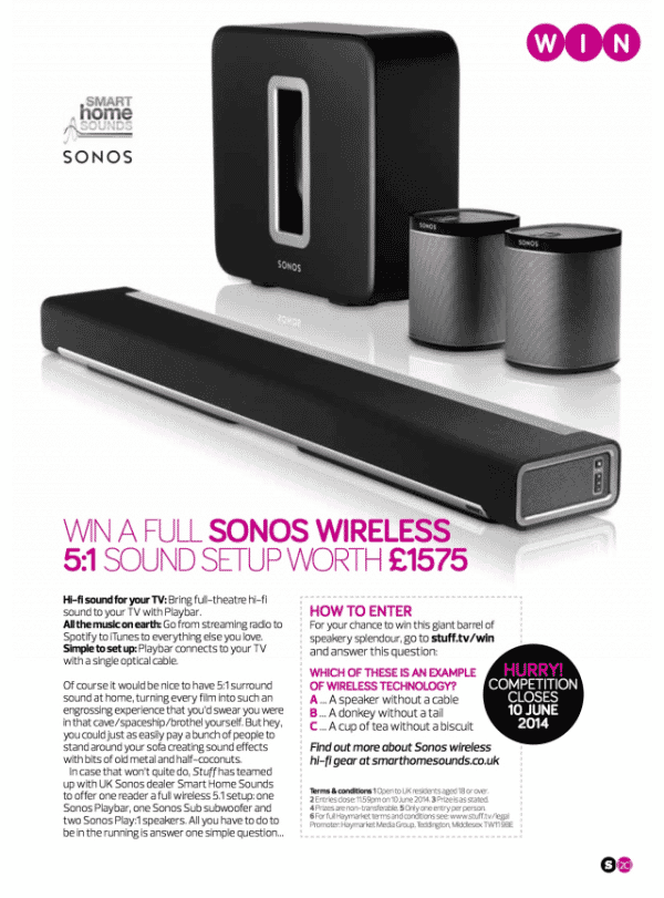 WIN a full SONOS 5.1 wireless surround sound system.