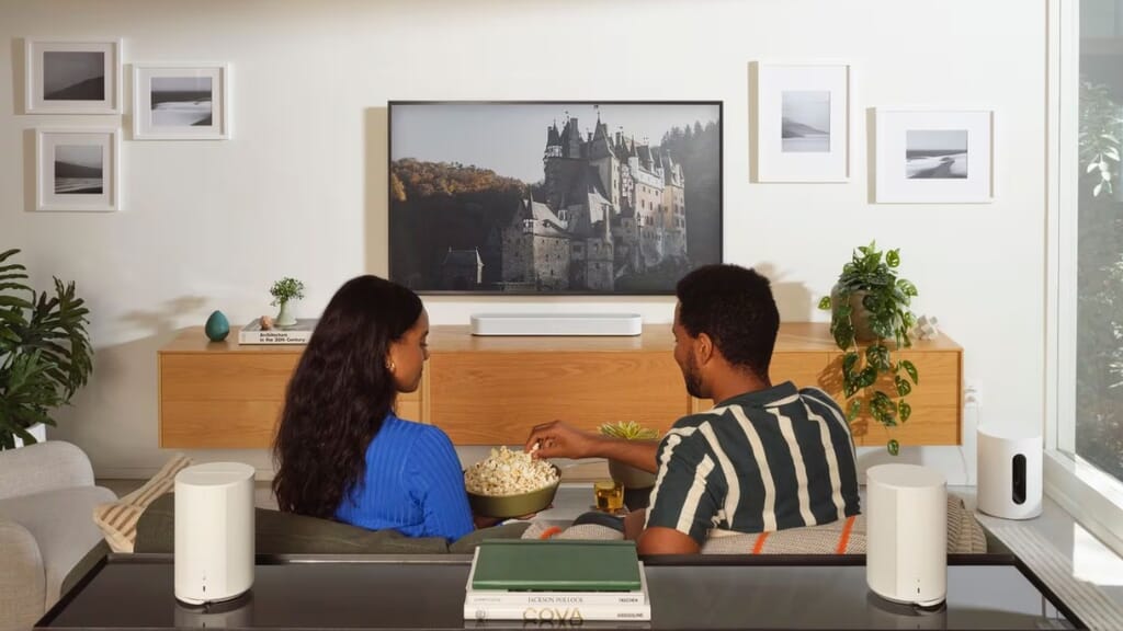 Sonos Beam (Gen 2), Sub Mini & Era 100 setup living room couple