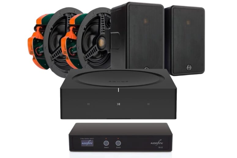 Sonos Amp, 2x Monitor Audio C165, 2x Monitor Audio Climate 50 and 1x Audioflow Smart 2-Way Speaker Switch