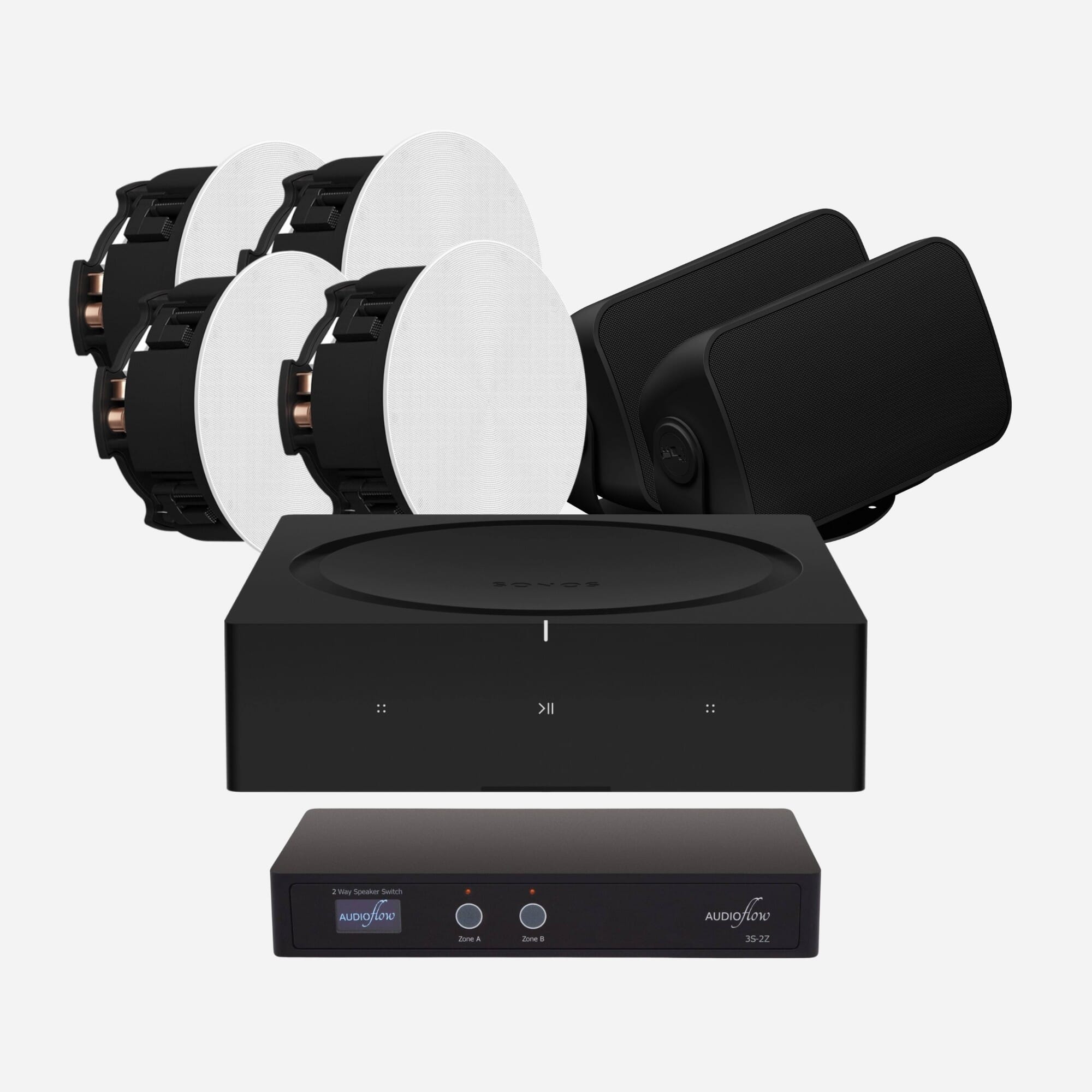 Sonos Amp + 4 x Sonos Indoor Ceiling Speakers (2 Pairs) + 2 x Sonos Outdoor Speaker Bundle (Black)